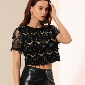 Allegra K Sequin Crop Short Sleeves Tassel Top Medium NWT